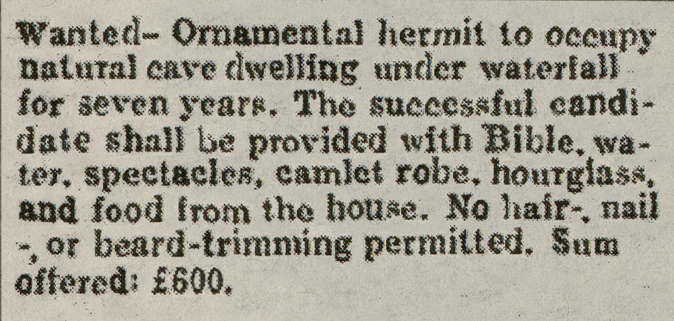 Classified advert for ornamental hermit. Work in progress, 2012. Image courtesy of the artist